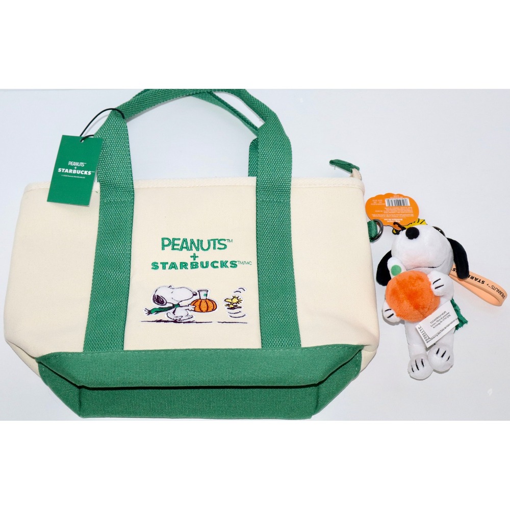 Starbucks x Peanuts 2026 Snoopy Canvas Tote Bag & Plush Charm Set Green Cream